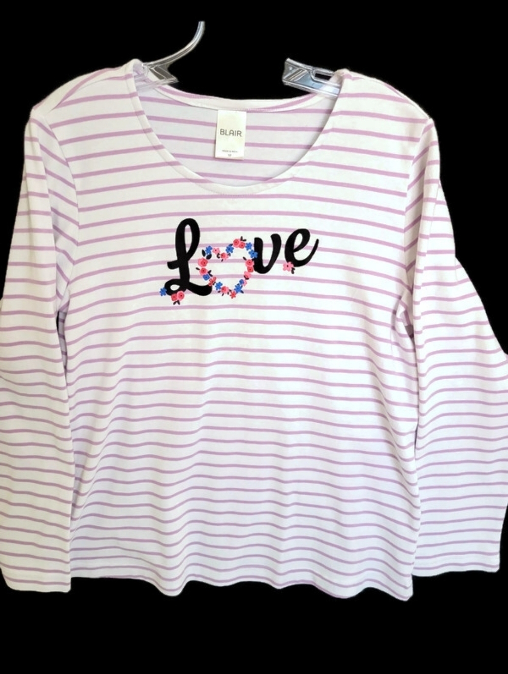 Blair Lavender & White Striped 'Love' Floral Heart Long Sleeve Top